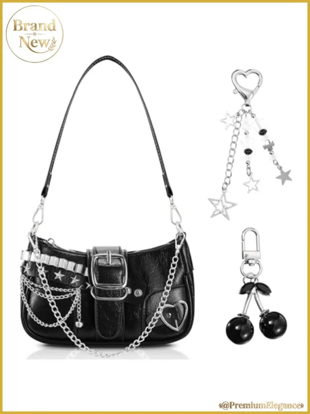 Vintage Hobo Shoulder Bag with Goth Chains and Buckle - Y2K Clutch Purse